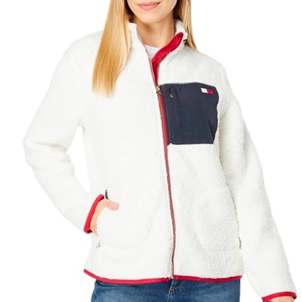 Tommy Hilfiger Zip Up Teddy Fleece Jacket Coat Red Navy Pockets Women’s XL